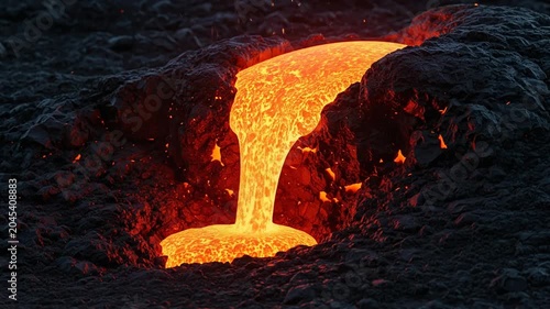 Glowing red hot molten lava flow from a volcano at night.