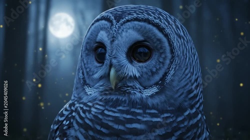 Close up portrait of a great grey owl against a full moon.