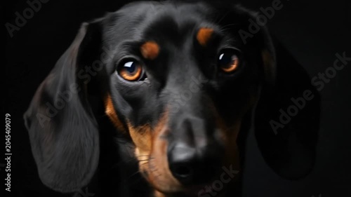 Close up portrait of a dachshund dog with expressive brown eyes.
