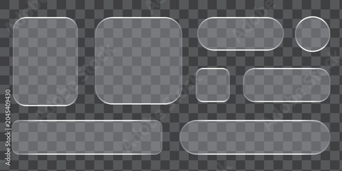 Transparent glass buttons and UI frames in liquid glassmorphism style. Modern 3D vector interface with frosted blur, glossy light and abstract geometric shapes for app or web design.