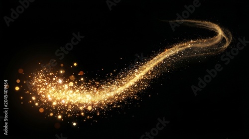 Golden magic glitter trail with sparkling dust particles on black background