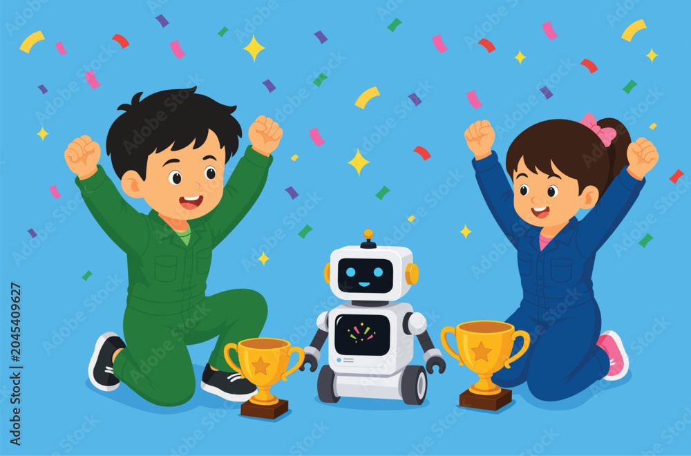 Fototapeta premium Kids Celebrating STEM Robotics Competition Victory with Educational Robot