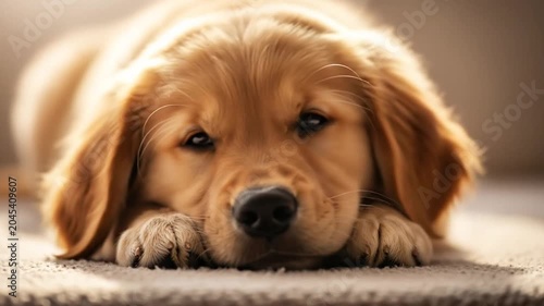 Golden retriever puppy sleeping soundly on a soft textured surface.