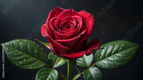 Vibrant red rose bloom covered in fresh water droplets.
