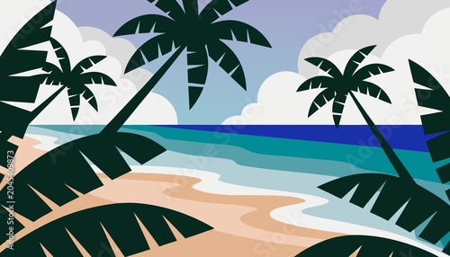 Tropical Beach Paradise with Palm Trees and Clear Blue Ocean in Flat Vector Illustration