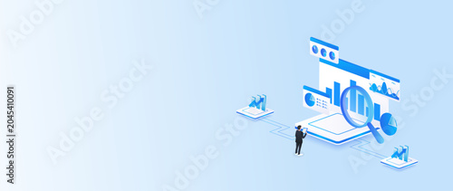 Isometric stock market digital data analyzing with magnifying glass, business analyzing market graph concept web banner.
