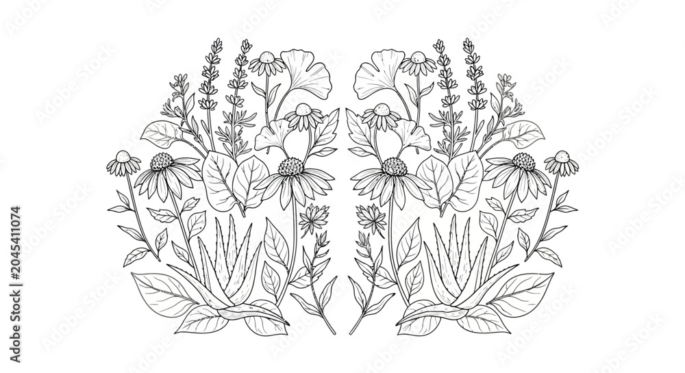 Fototapeta premium A line drawing of various flowers and plants.