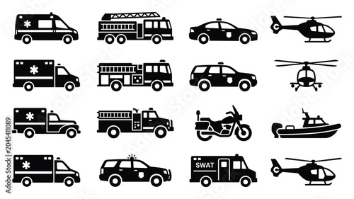 Photos Emergency response and rescue vehicle premium flat black vector icon set featuri