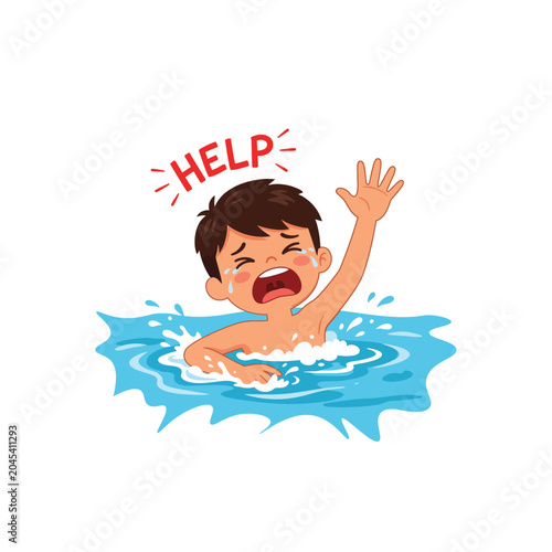 Boy in water illustration depicts a child struggling and calling for help with a dynamic blue wave background vector cartoon struggle drowning