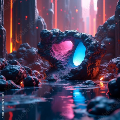 Alien rock formation glowing pink blue light alien landscape image