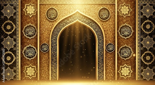 Golden archway displays intricate patterns for a cultural celebration.