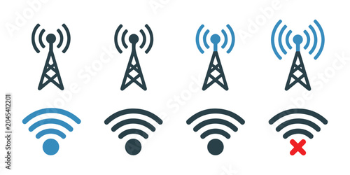 Bild auf Leinwand Wireless internet connection signal bars and cellular network antenna towers vector design set