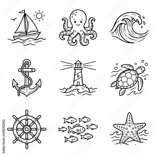 Nautical and Marine Life Icons Set.