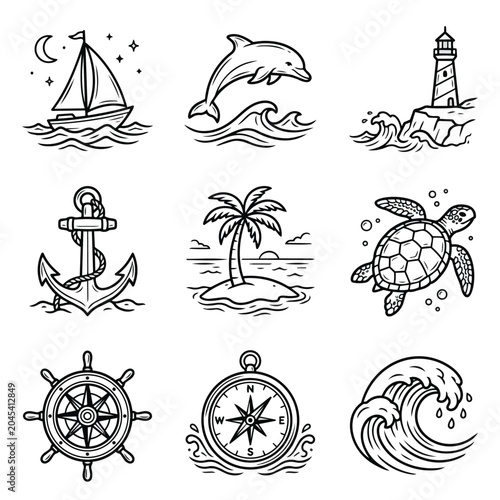 Nautical And Ocean Themed Illustrations Collection.