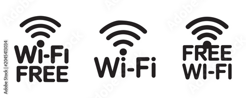 Konstfotografi Three different free wifi connection icons with signal strength symbol isolated on gray backdrop