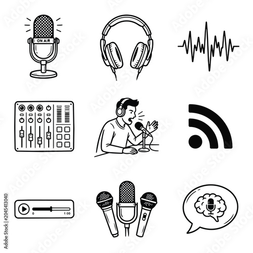 Podcast Recording Equipment and Symbols Collection.