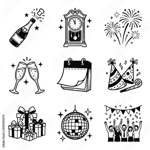 New Year Celebration Icons Set.