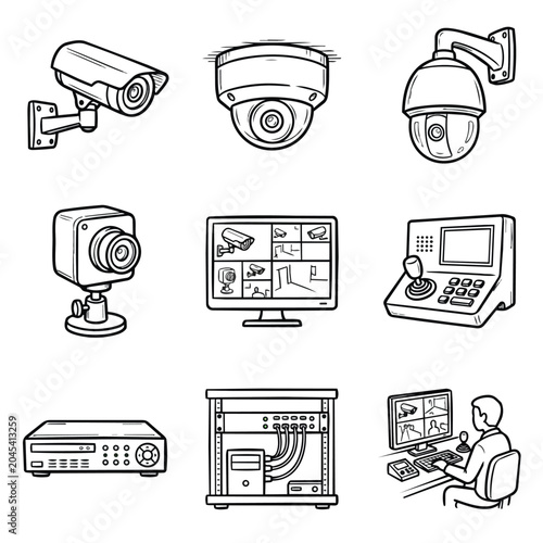 Security camera system icons and illustrations for surveillance technology.
