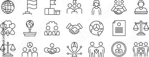 Foto Hand Drawn Justice and Diplomacy Icon Set with Scales, Flags, Handshake, Globe a