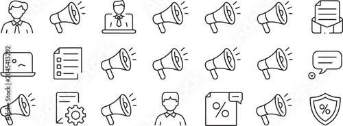 Fotografie Megaphone Icon Set with Line Art Illustrations, Business Messages, Envelopes, Do