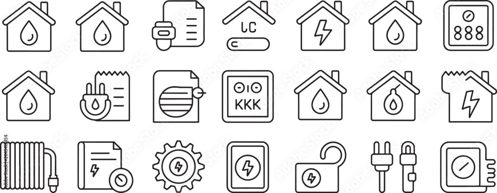 Fototapeta premium Home Energy Efficiency Line Icons with Electrical Charge, Power, and Renewable Droplet Symbols Set Featuring Electricity, Lightning, Charging