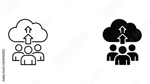 Cloud data upload and team collaboration icon showing group of people connected to cloud storage for secure business networking and information technology in flat vector style on white background