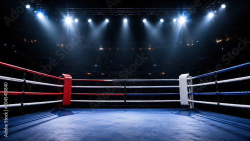 Empty professional boxing ring at night under bright stadium lights for a championship match in a large dark arena