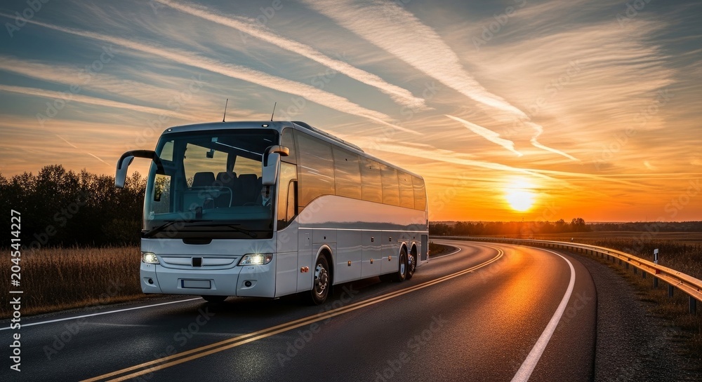 Obraz premium Large white tourist bus driving on highway during vibrant sunset with contrails