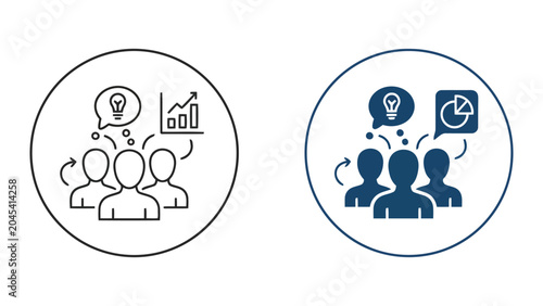 Team idea generation and data analysis vector icon set showing people with lightbulbs and charts for creative business development and collaborative project insights and planning