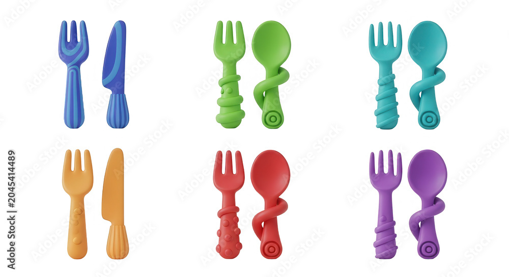 Fototapeta premium colorful 3d rendered cutlery sets with forks knives and spoons presented on a white backdrop for kitchen and dining content