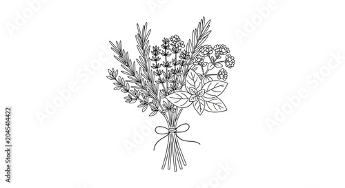 Photos A bouquet of flowers and leaves tied with a ribbon.