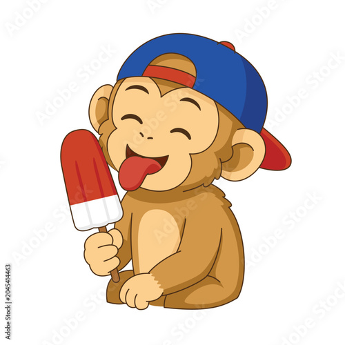 Cute Monkey Eating Patriotic Popsicle for Fourth of July Celebration Vector Illustration