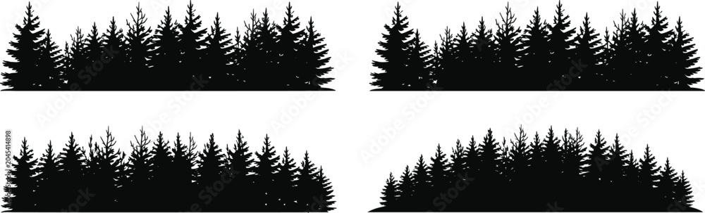 Fototapeta premium Forest silhouette illustration featuring coniferous tree lines with varying canopy shapes and terrain profiles in black outlines