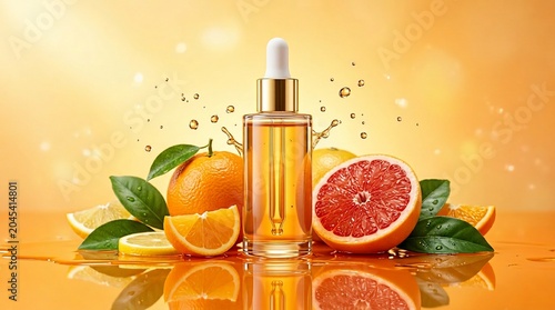 Luxurious Vitamin C Serum in a Dropper Bottle Surrounded by Fresh Citrus Fruits and Splashes