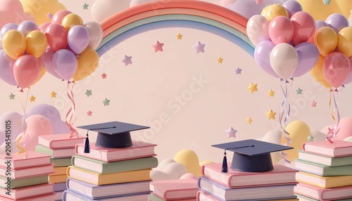 Graduation celebration with books, cap, and pastel balloons in soft light studio setting