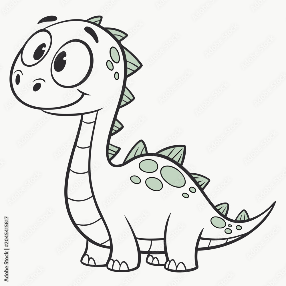 Naklejka premium Joyful light gray cartoon dinosaur with green spots and spikes, big curious eyes, happy smile, isolated on white background