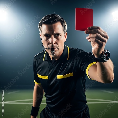 Football referee showing red card in dramatic stadium lighting during intense match
