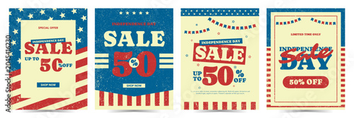 Independence Day sale poster clipart background design set. 4th of July special offer 50 percent off discount template with patriotic decoration in retro style. Vector illustration