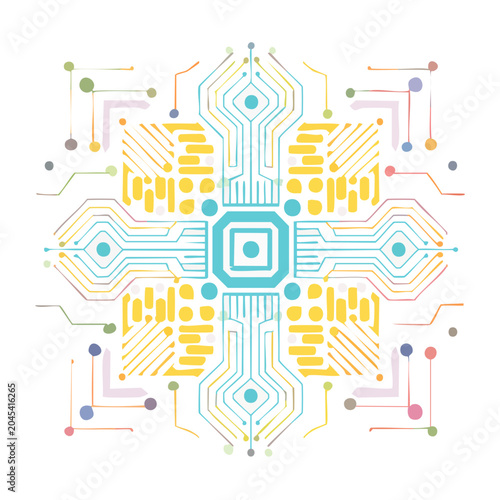 Abstract circuit board pattern with colorful elements