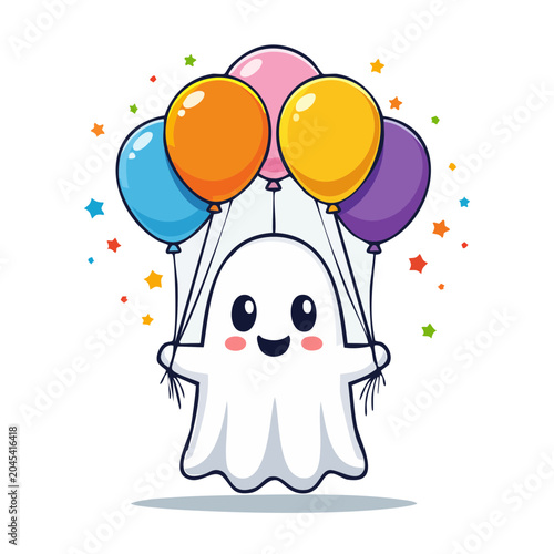 Cute ghost character holding colorful balloons and confetti