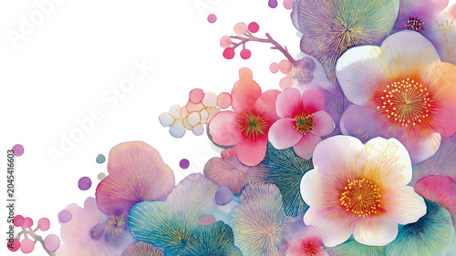 和の雰囲気と植物のやさしさを調和させたボタニカル和柄イラスト。花柄、葉、自然、水彩風、和風、和モダン、背景、装飾、フレーム、壁紙、テクスチャ、カード、招待状、表紙、ポスター、広告、バナー、テンプレート、パッケージ、コピースペース素材として映える華やかなデザイン。上質感のある和の演出に活躍。幅広い媒体で使いやすい意匠。華やかで落ち着いた印象。季節を問わず使いやすい意匠。背景や見出し周りの装飾に好適。
