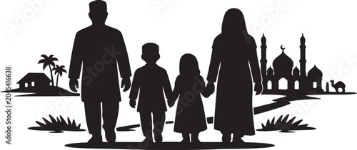 Tableau sur toile Muslim family walking to village mosque