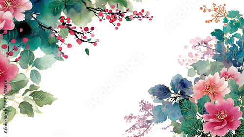 和の雰囲気と植物のやさしさを調和させたボタニカル和柄イラスト。花柄、葉、自然、水彩風、和風、和モダン、背景、装飾、フレーム、壁紙、テクスチャ、カード、招待状、表紙、ポスター、広告、バナー、テンプレート、パッケージ、コピースペース素材として映える華やかなデザイン。上質感のある和の演出に活躍。幅広い媒体で使いやすい意匠。華やかで落ち着いた印象。季節を問わず使いやすい意匠。背景や見出し周りの装飾に好適。
