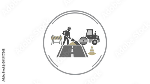 Road Construction Icon: Worker, Roller, Barrier, and Cone on Asphalt