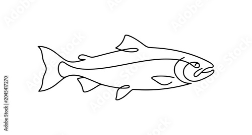 Abstract one line salmon fish outline vector art fresh seafood linear drawing concept on white background