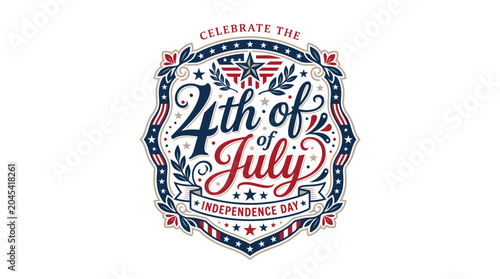 Ornate Independence Day shield crest with American flag patterns.