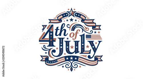 Ornate vintage style 4th of July emblem with flag.