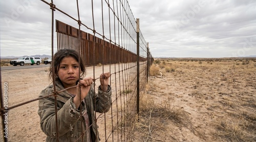Sad Child Family Crisis, Young Girl at Boundary Fence in Harsh Environment
