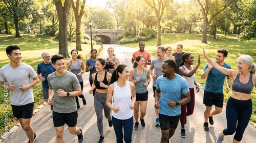 Group of diverse adults jogging together on a sunny park path, smiling and talking during outdoor fitness training; trees and a small bridge in the distance