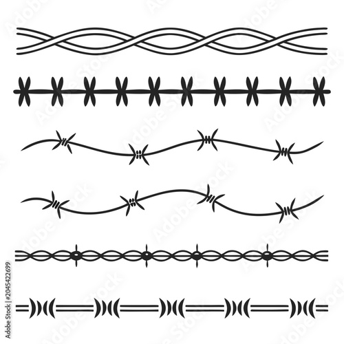Photos Set of black and white barbed wire border elements for design, simple line art s